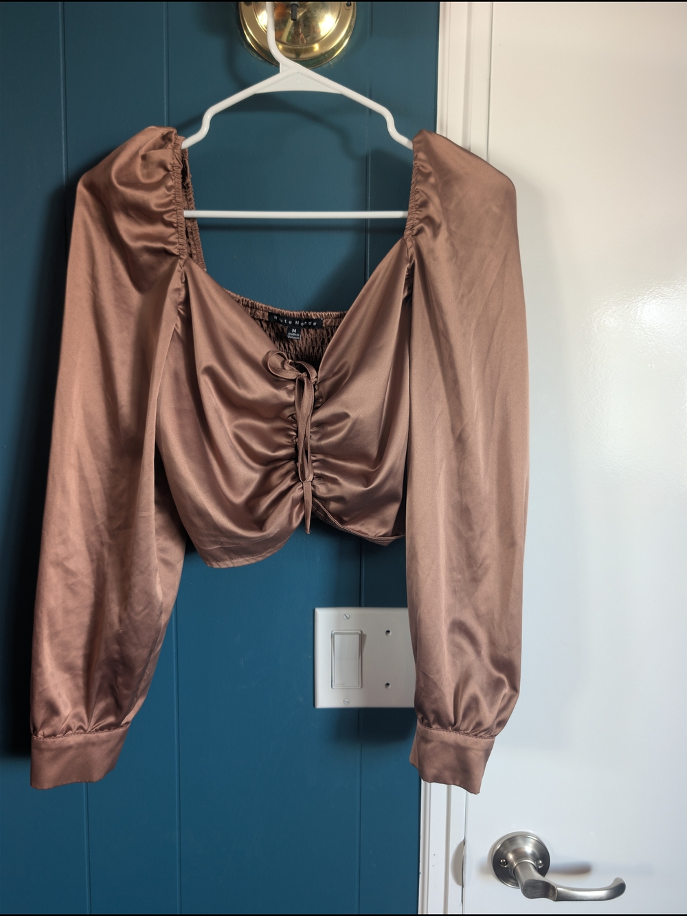 Haute Monde Satin Ruched Puff-Sleeve Crop Top in Bronze